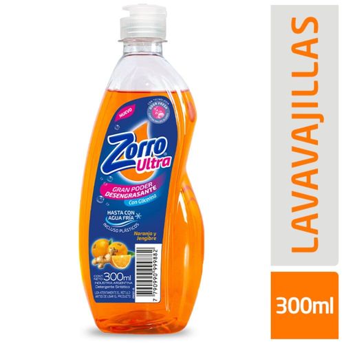 Lavavajillas Zorro Ultra Botella 300ml Naranja Jengibre