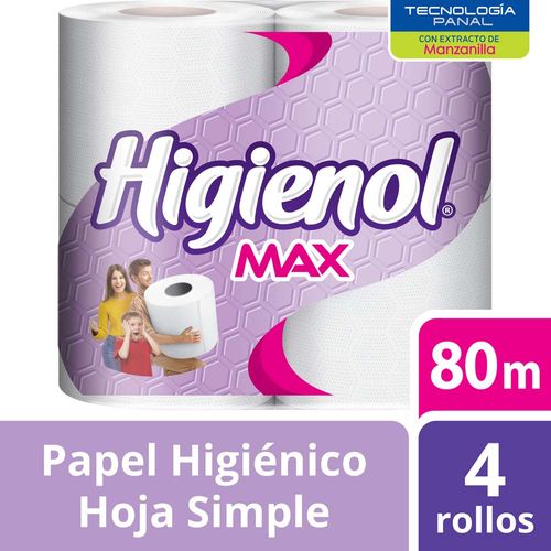 Papel Higiénico Higienol Max, Hoja Simple 4 Unid X 80 Mts C/u