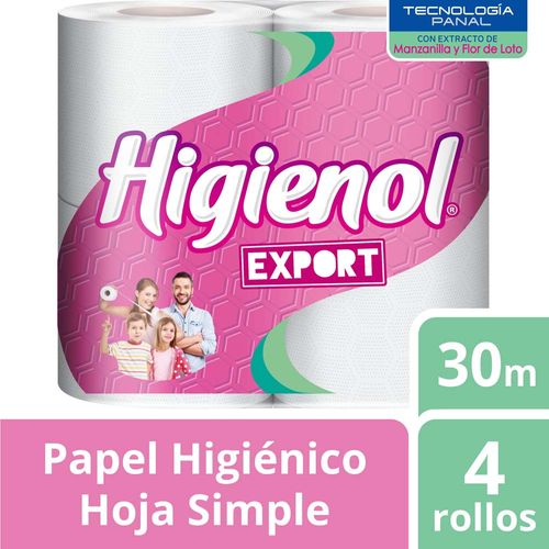 Papel Higiénico Higienol Export, Hoja Simple, 4 Unid X 30 Mts C/u