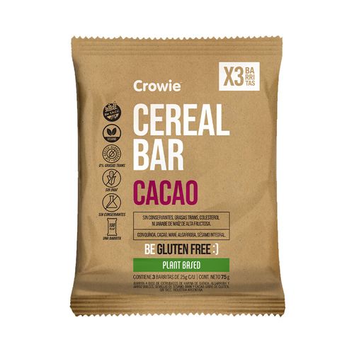 Cereal Bar Crowie Sin Gluten Vegana Cacao 75 Gr X 3 U