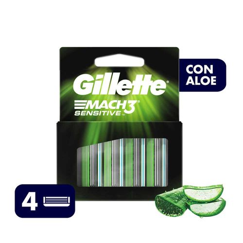 Gillette Mach3 Sensitive Repuestos De Afeitar Con Aloe, 4 Unidades