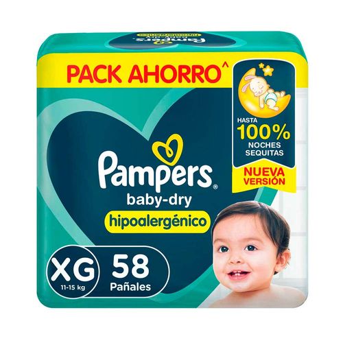 Pañales Pampers Baby Dry Hipoalergénico Talle XG - 58 U
