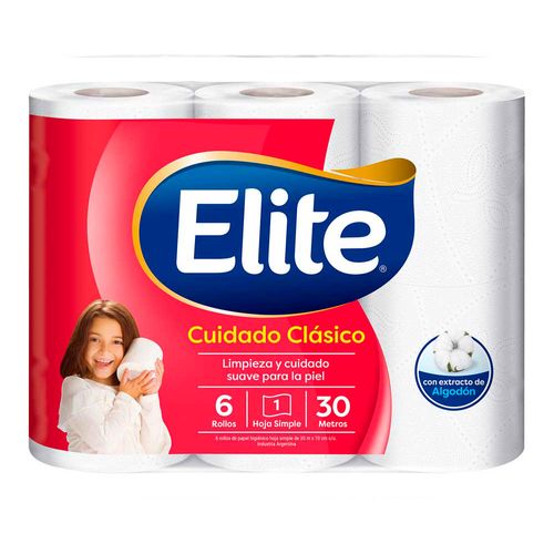 Papel Higiénico Elite Cuidado Clásico Hoja Simple - 30 M X 6 U